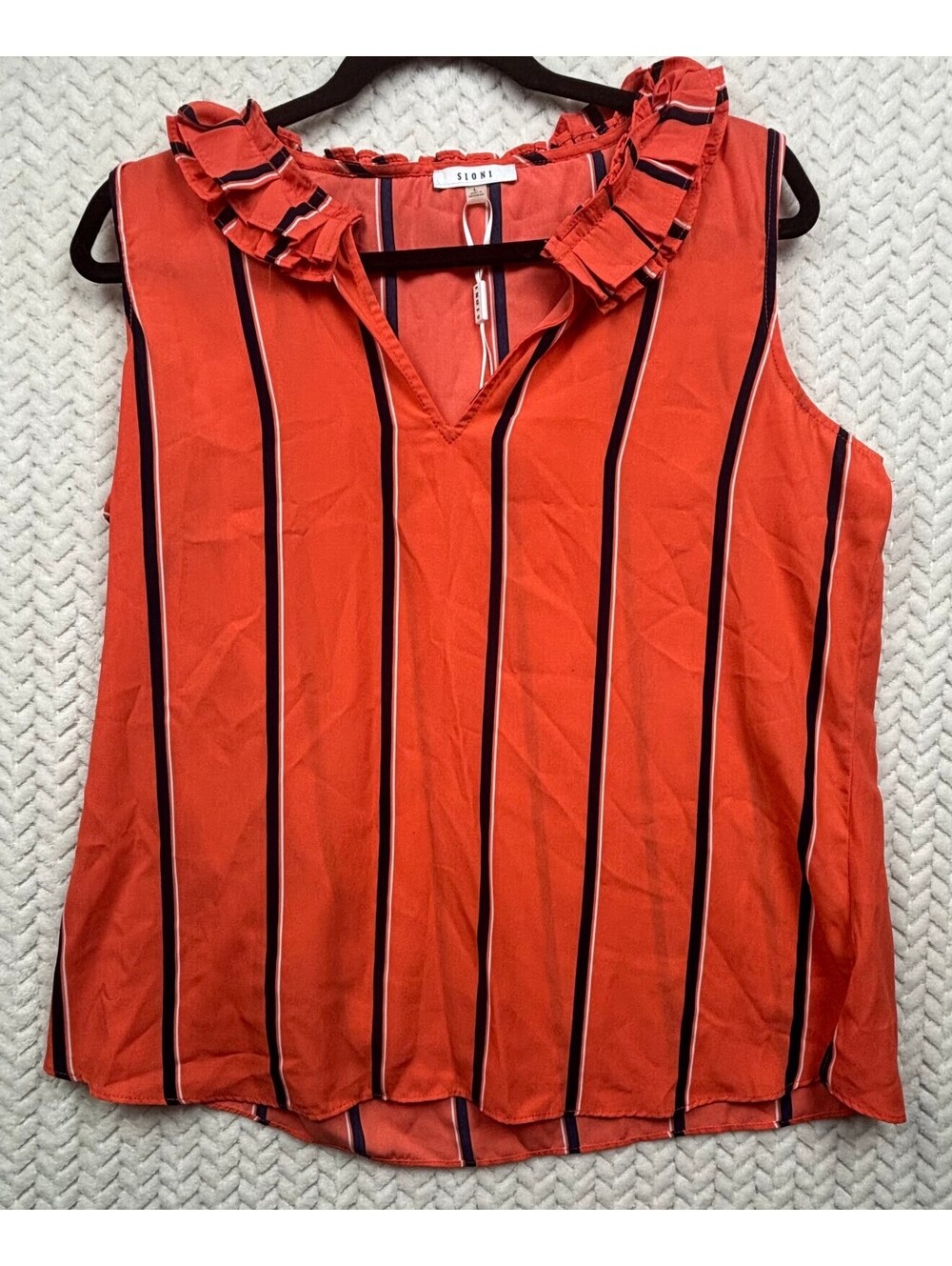 Sioni Women's Sleeveless Ruffle Collar Striped Blouse Size L